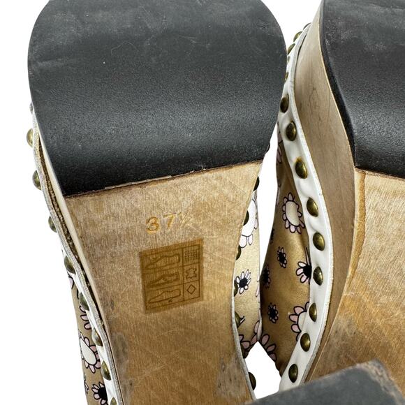 Miu Miu Daisy Floral Platform Clogs Wood Heel Satin Studded Mules Size EU 37.5 - Picture 10 of 12